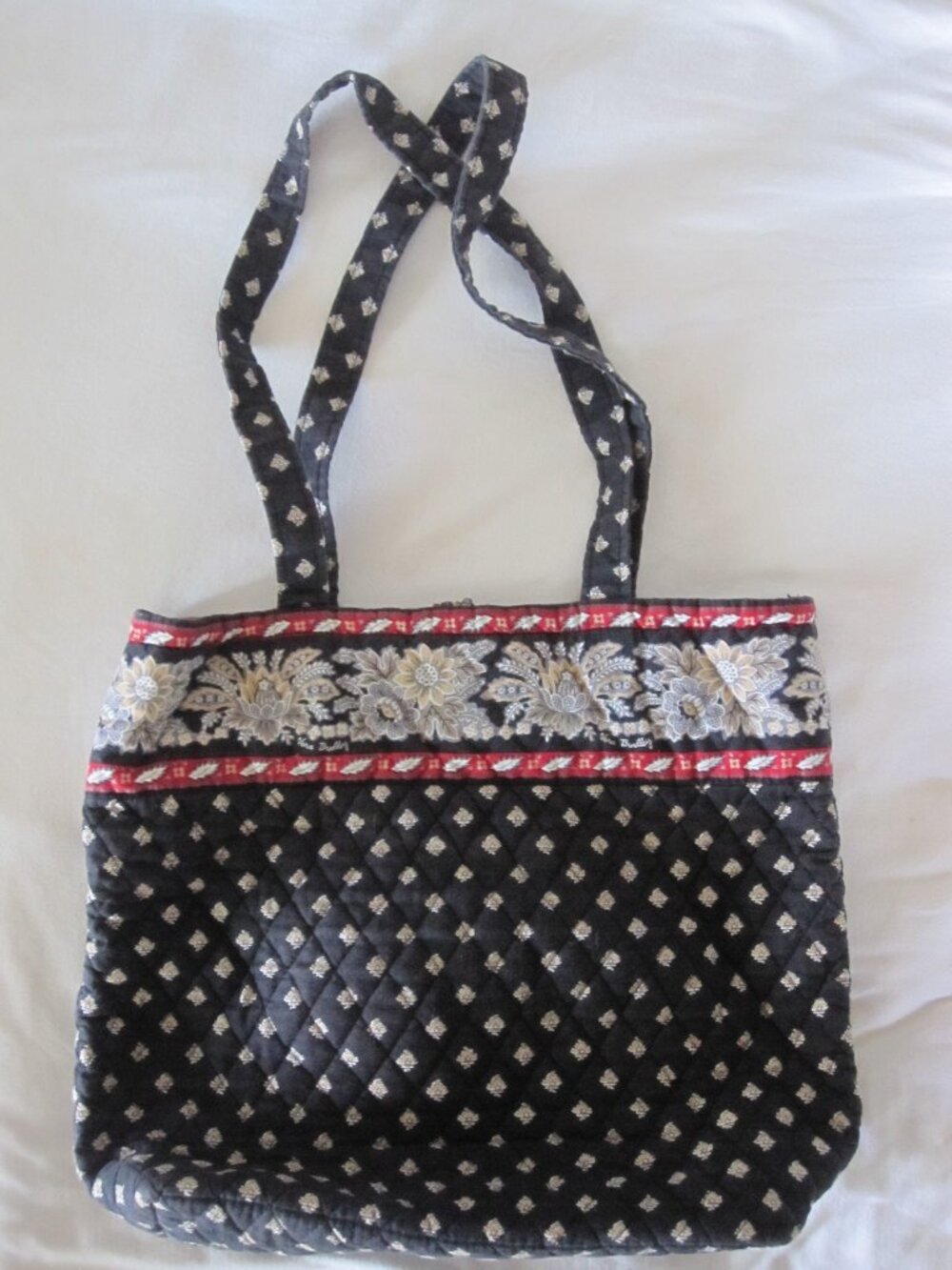 Vera Bradley 12" Wide Black Shoulder Tote Bag Purse w/ red & white accents